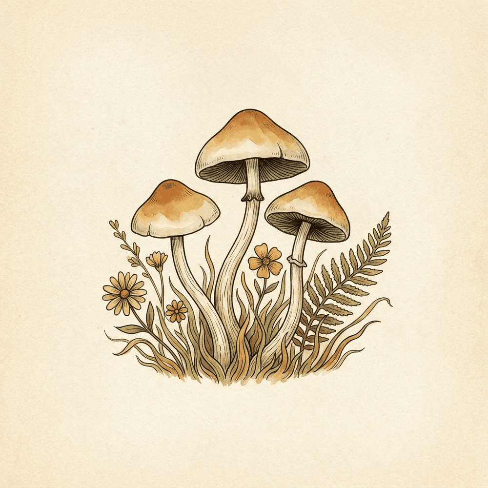 A retro folk illustration of three ochraceocentrata mushrooms nestled among wildflowers, grasses, and a fern frond.