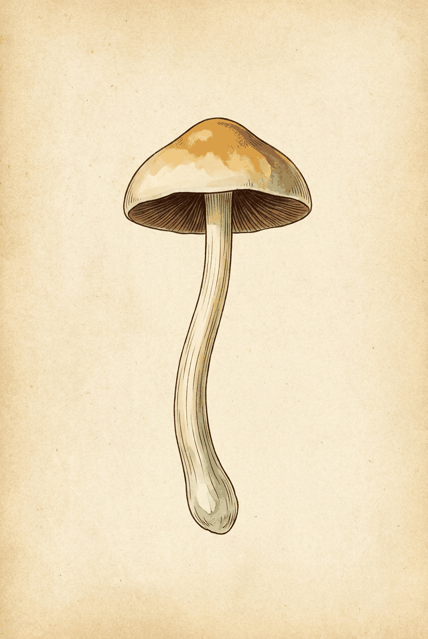 A hand-painted retro botanical illustration of a Psilocybe ochraceocentrata mushroom — caramel-ochre cap, dark gills, and a slender ridged stem with blue-green bruising at the base.