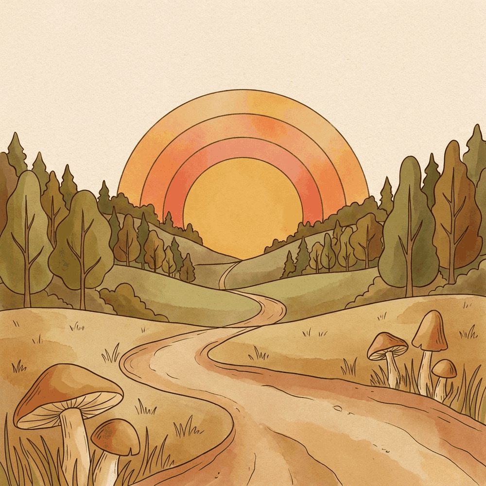 A retro folk landscape at golden hour — a glowing setting sun in concentric rings over forested hills, a winding path, and mushrooms in the foreground grass.